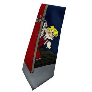 Vintage Dennis the Menace Silk Tie Necktie Blue Red Gray Opening Door